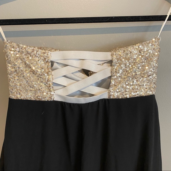 Gold Sequin Strapless Prom Graduation High Low Maxi Dress - Picture 5 of 7